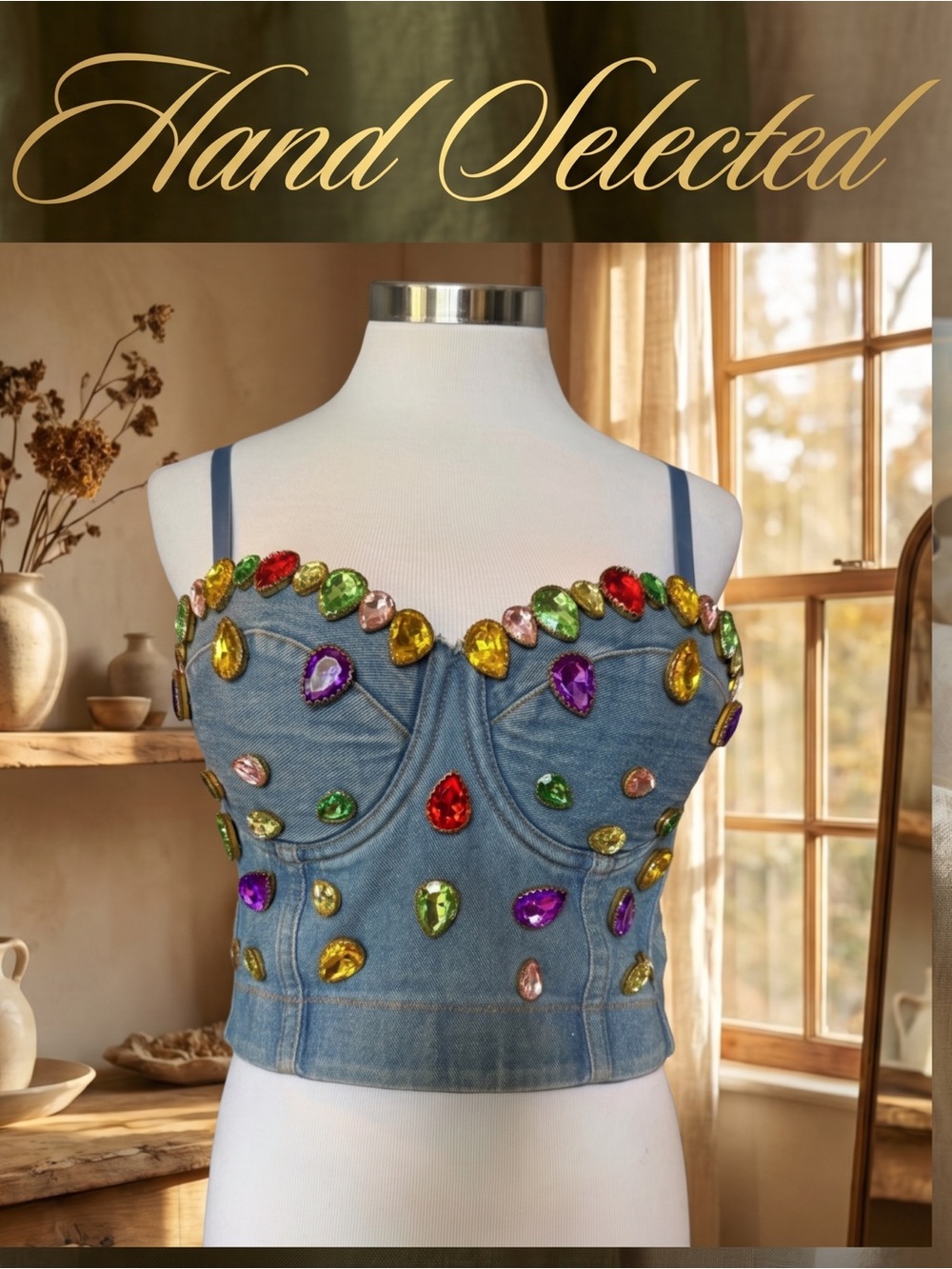 Custom Handmade Jeweled Denim Corset Bustier Multicolor Rhinestone M